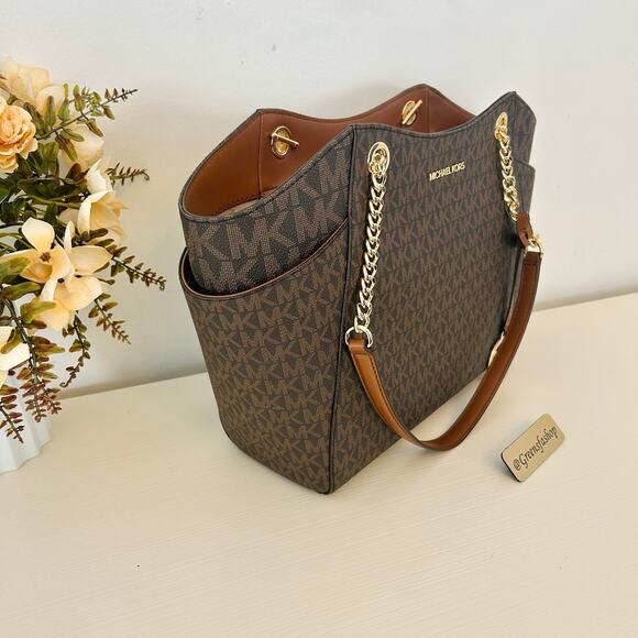 Michael Kors Purse jet set travel large chain tote shoulder bag brown MK - Picture 3 of 9